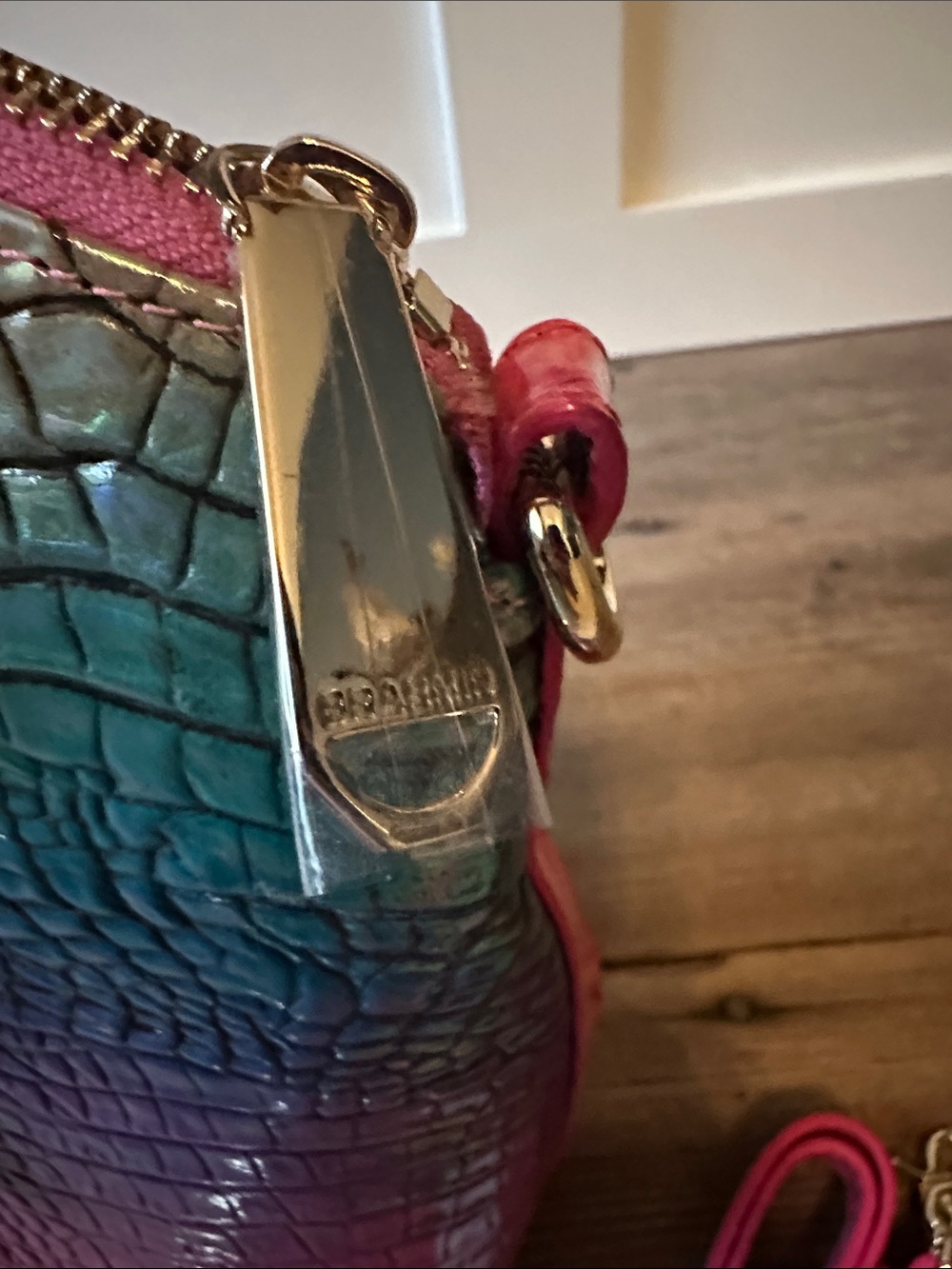 Brahmin Pink Teal Ombre Croc-Embossed Satchel - Picture 3 of 9
